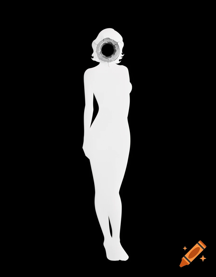A white female silhouette with a bullet hole in her head, standing against a black background.
