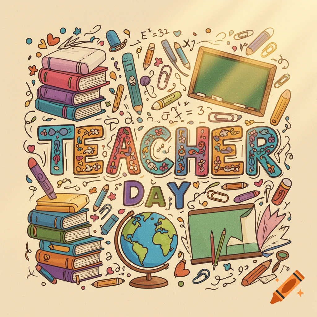 A colorful doodle illustration with school supplies, books, a globe, and the text 'TEACHER DAY' in a whimsical style.