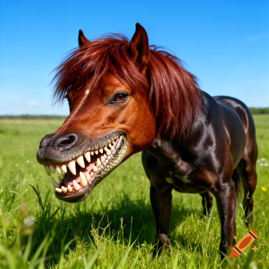 A brown horse with a menacing crocodile-like jaw and sharp teeth stands in a grassy field under a bright blue sky.