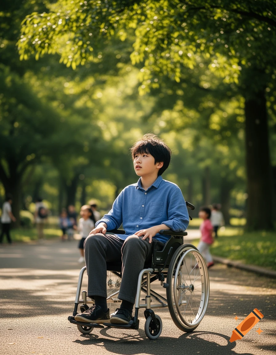 A young person in a blue shirt in a wheelchair looks up in a sunny park, with green trees and blurry figures.