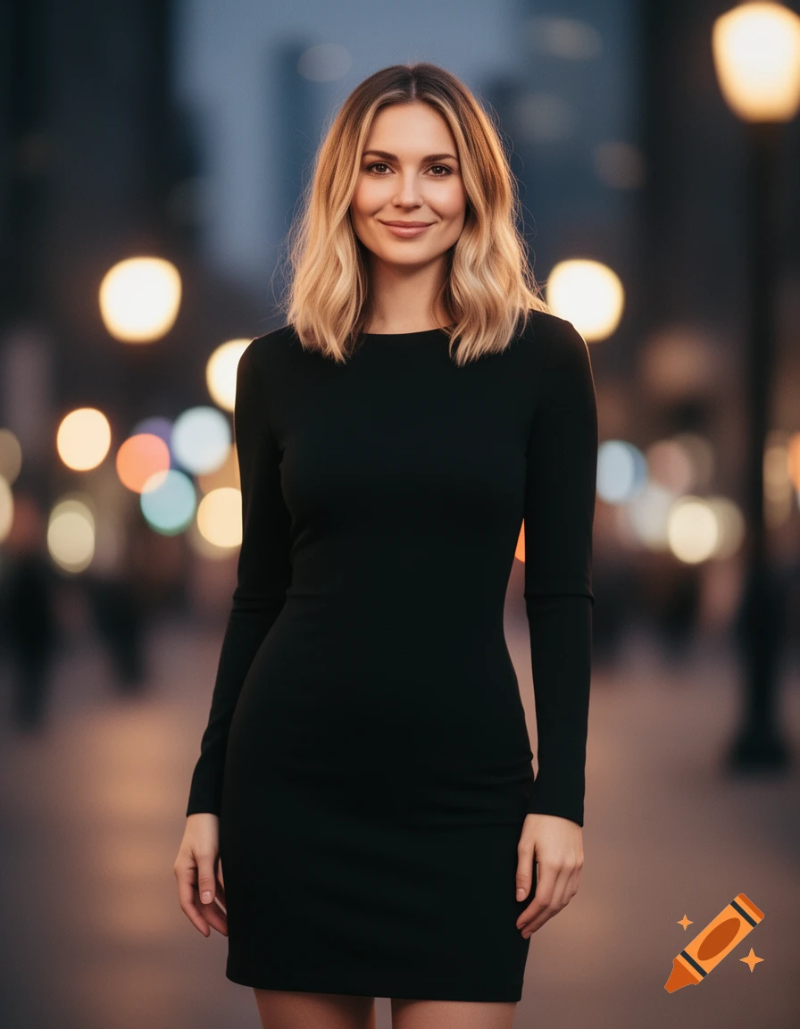Photorealistic portrait of a smiling blonde woman in a black dress standing on a city street at night with bokeh lights.