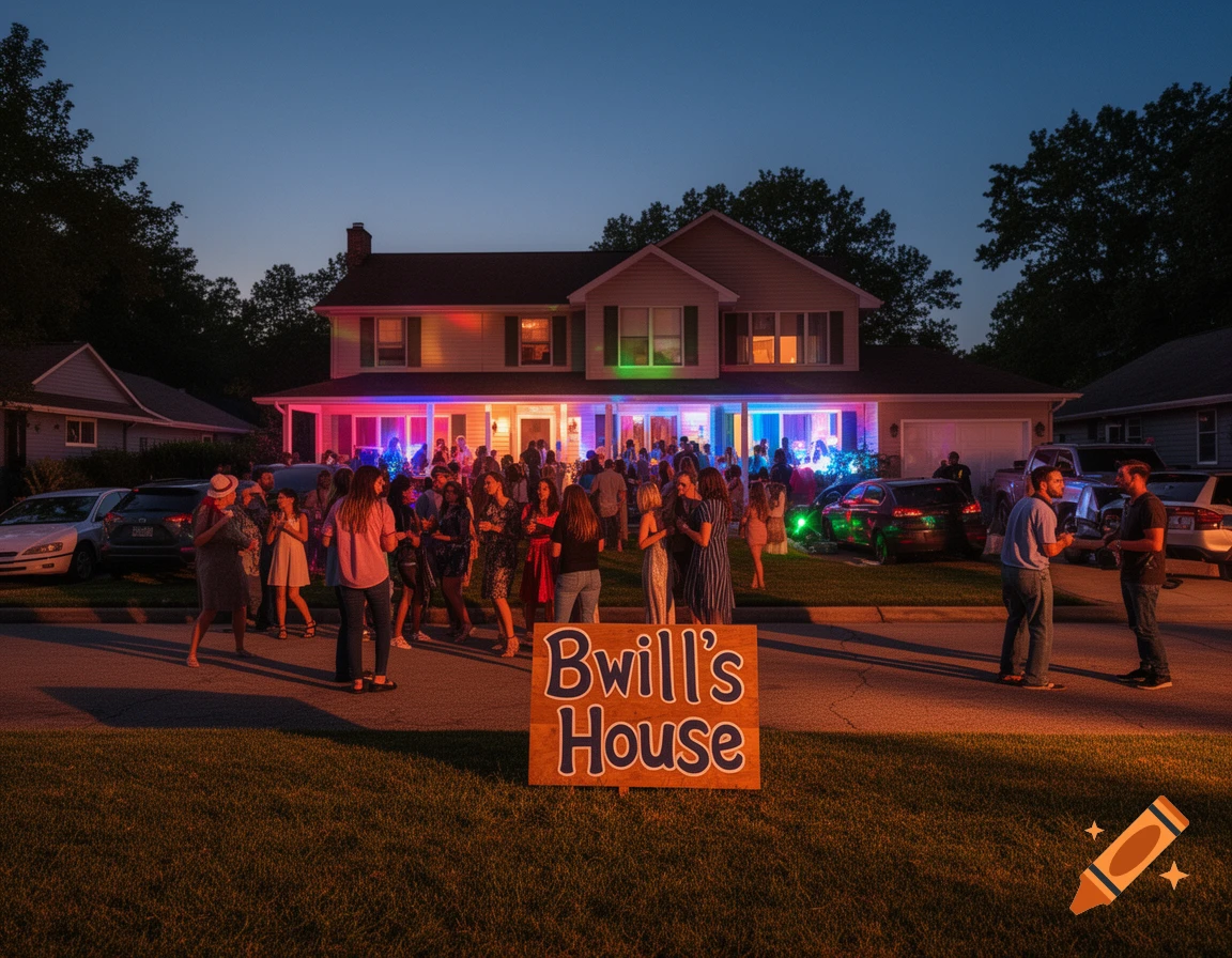 A photorealistic image of a lively house party at dusk, with colorful lights on the house and a crowd of people. A sign in the grass says "Bwill's House".