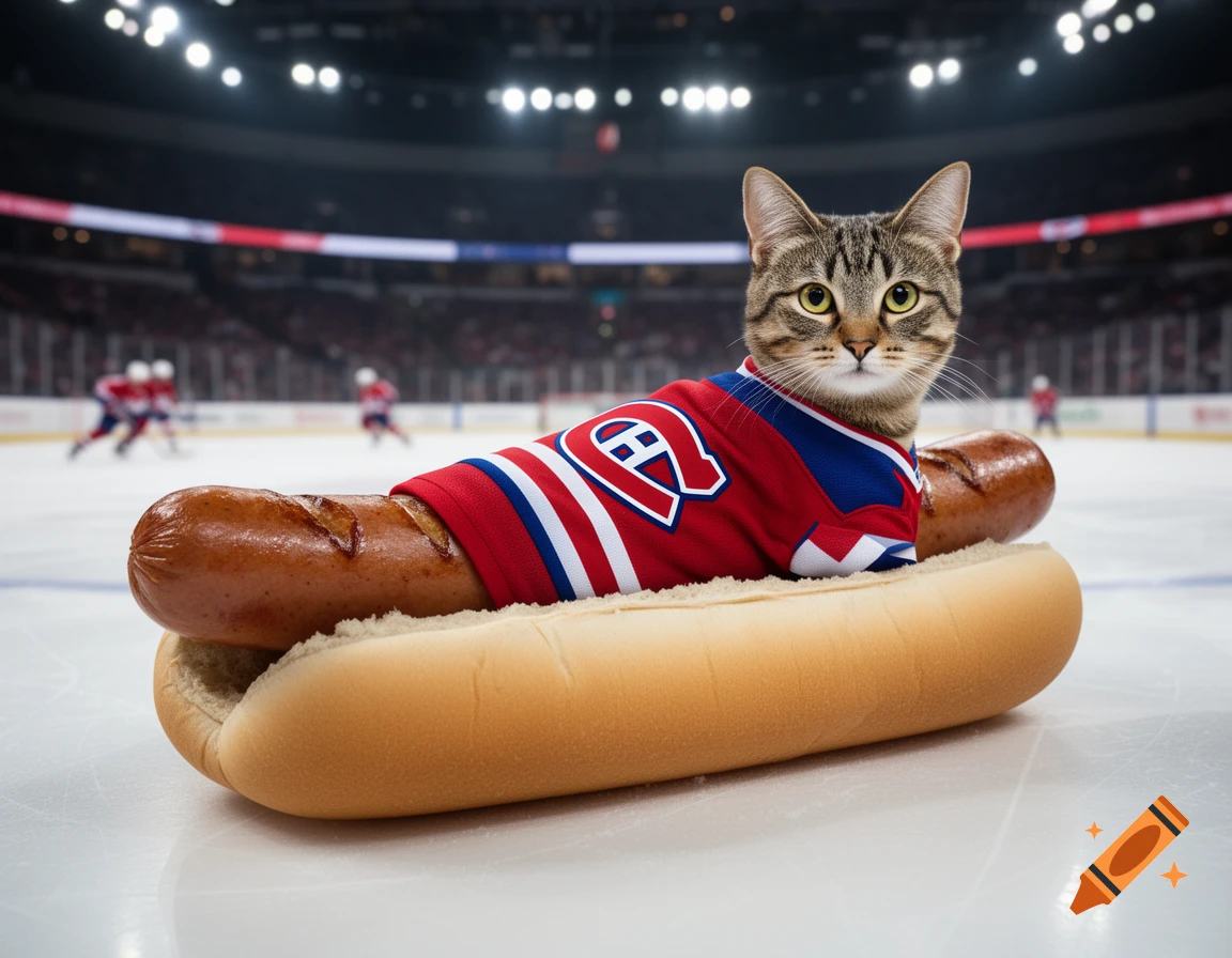 A photorealistic tabby cat's head on a hot dog, wearing a Montreal Canadiens jersey, sits on an ice hockey rink.