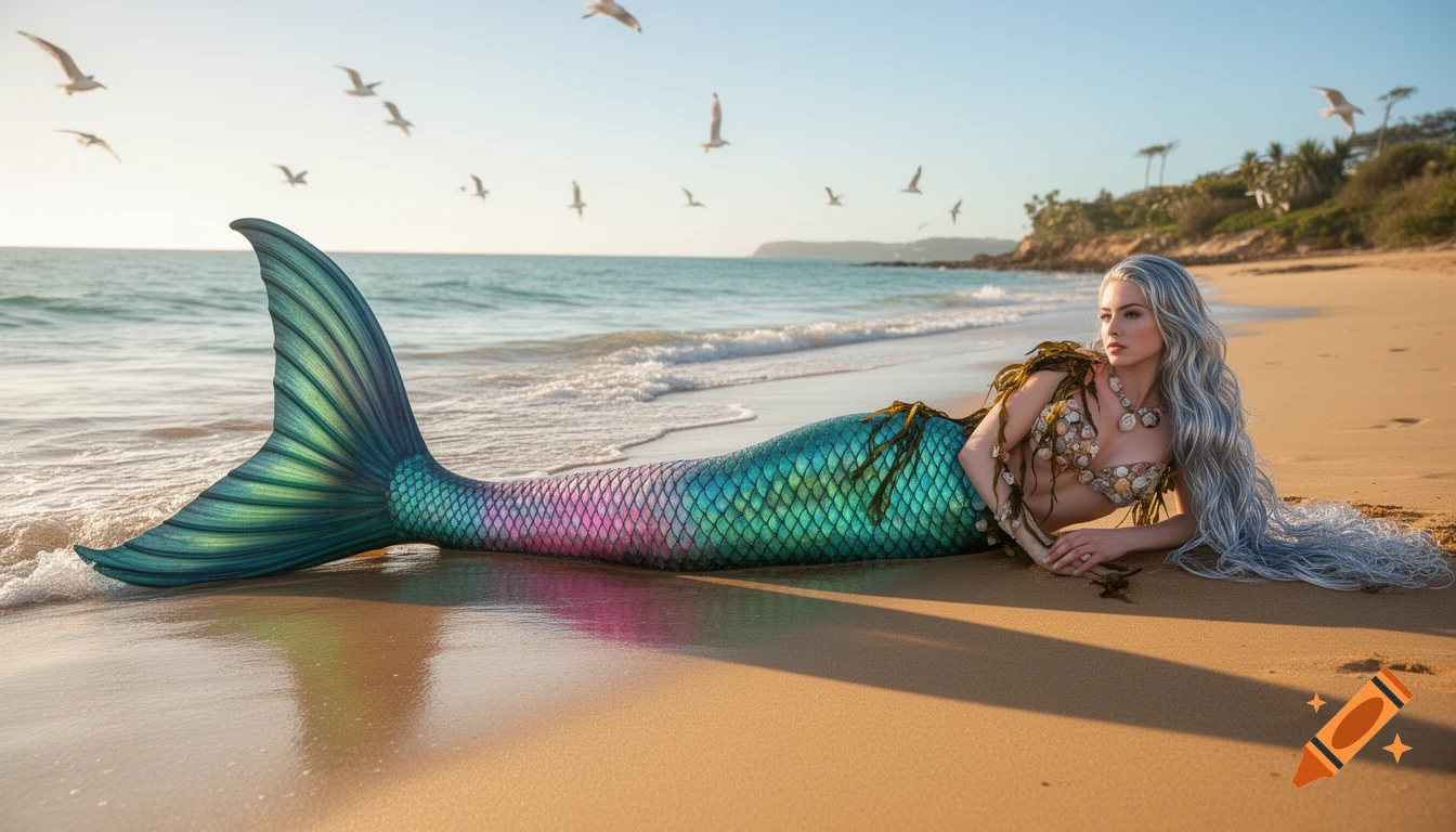 Photorealistic mermaid with silver hair and iridescent tail lies on a sandy beach as gulls fly over the ocean.