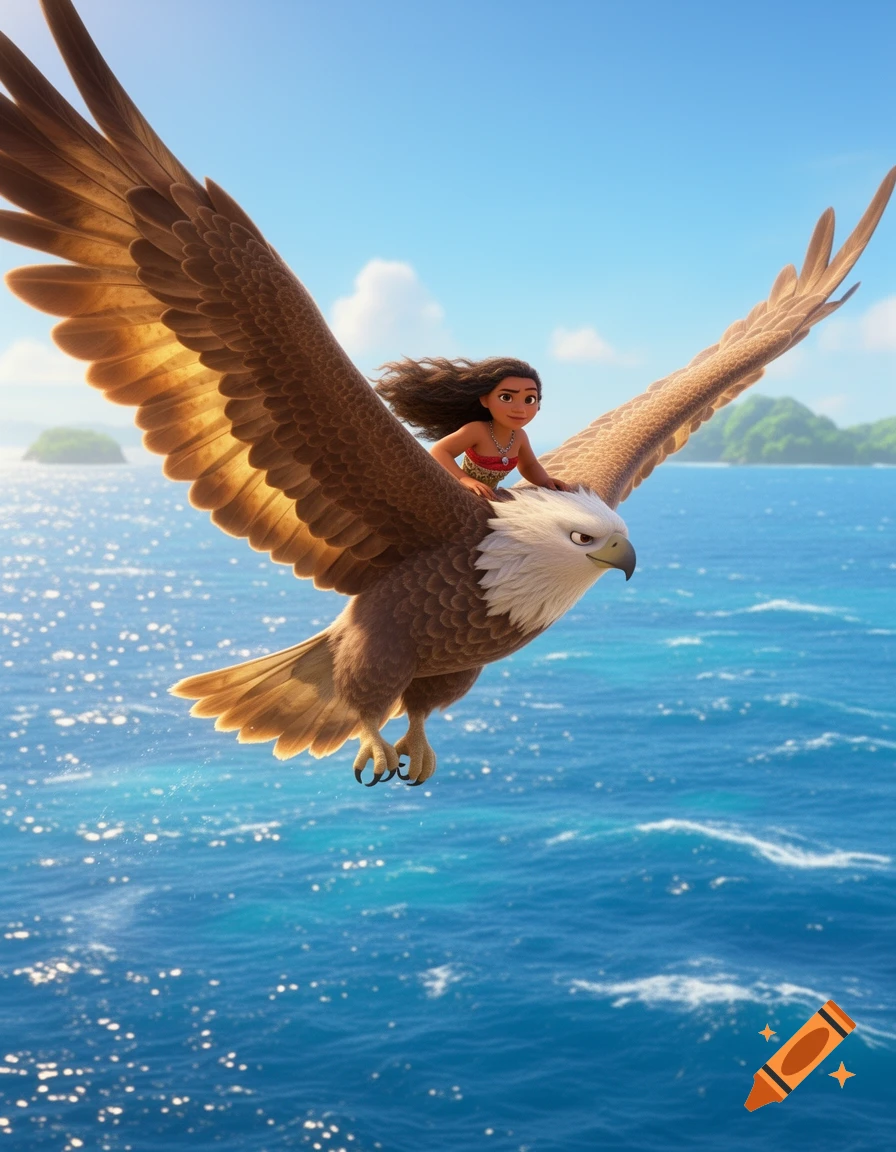 Animated Moana rides on the back of a large brown and white eagle, flying over a bright blue ocean with islands.