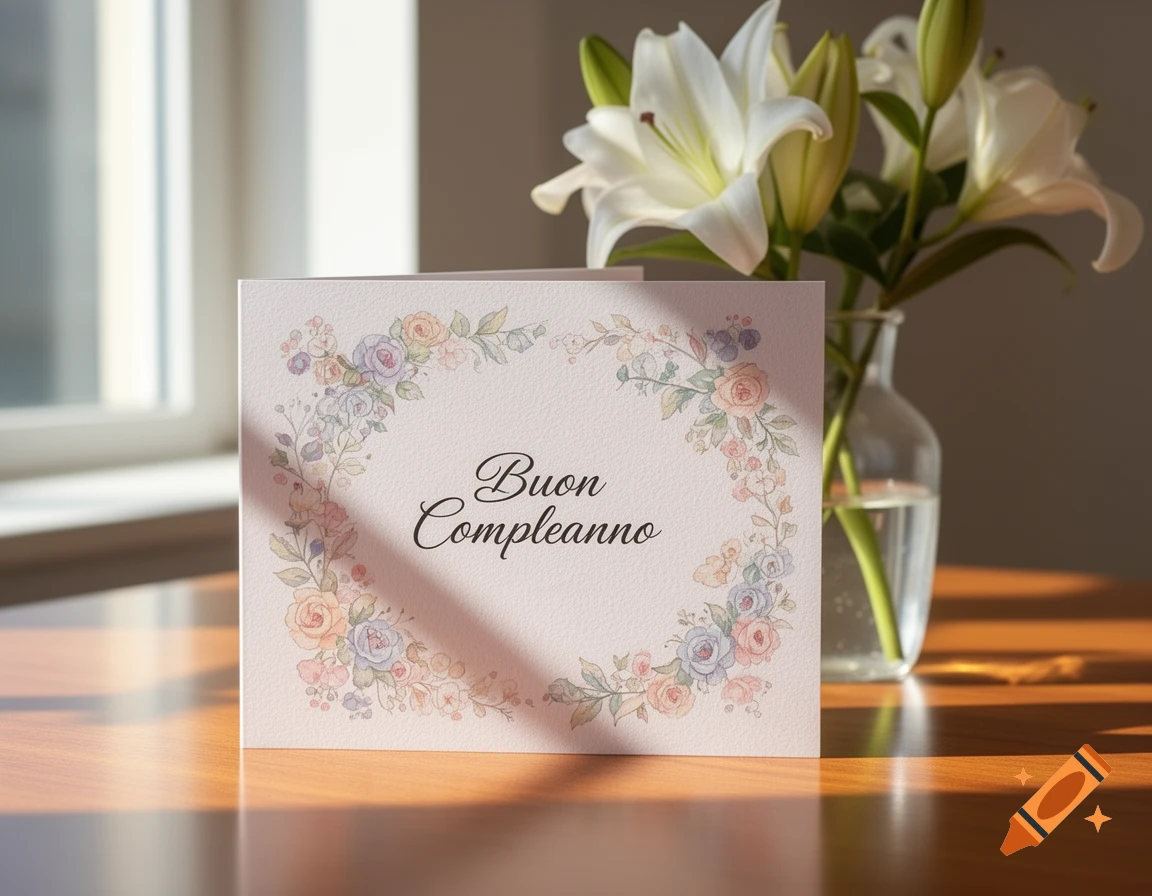 A birthday card with a floral wreath and 'Buon Compleanno' text, placed on a wooden table next to white lilies in a vase.