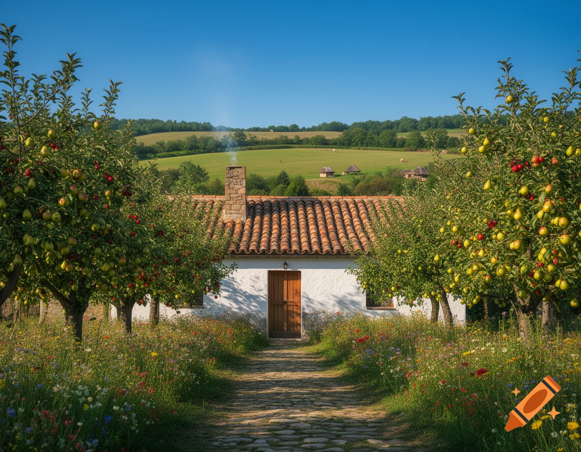 Photorealistic image of a white house with a tiled roof, flanked by fruit trees, a stone path, and wildflowers, green hills under a blue sky.