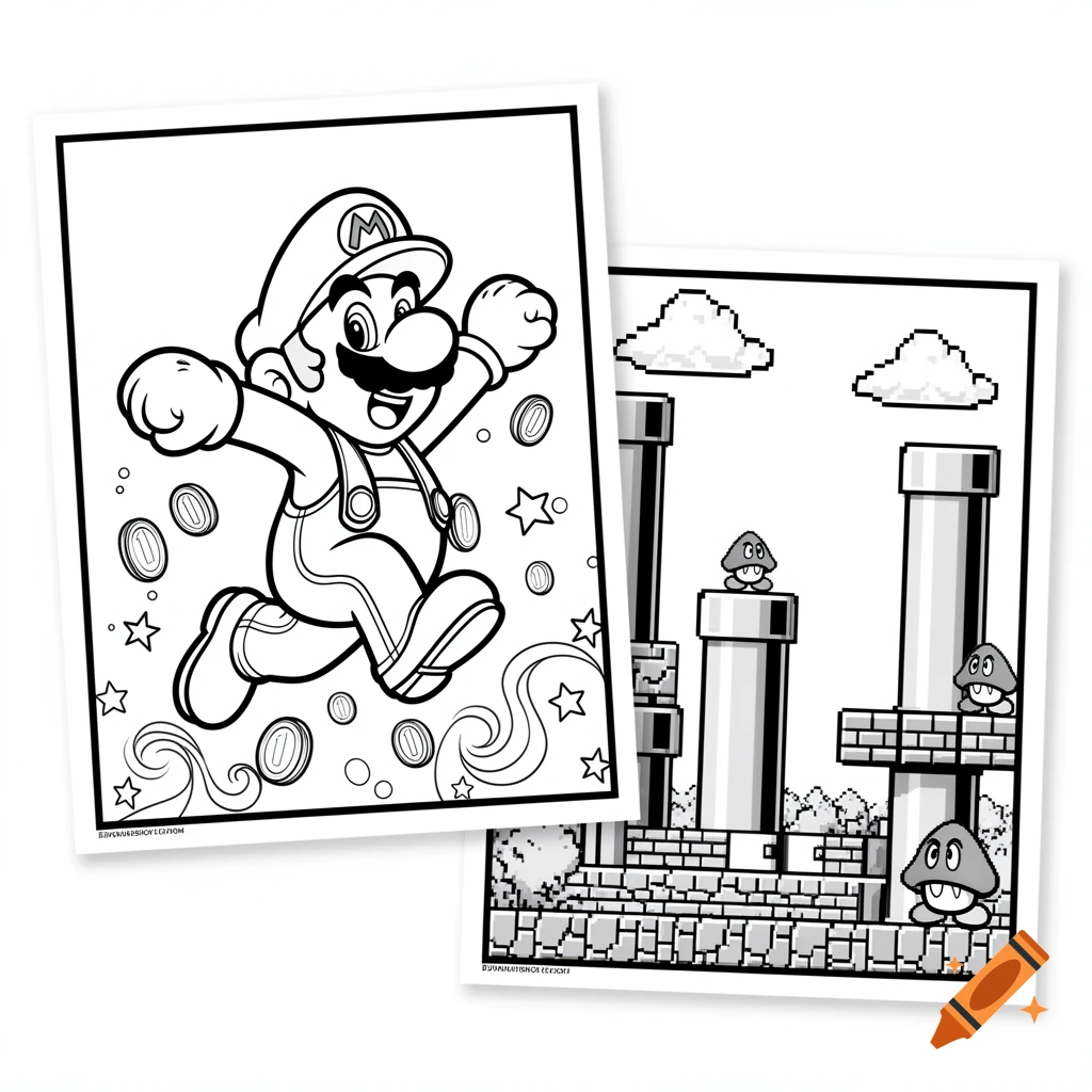 Two black and white Super Mario Bros. coloring pages featuring Mario jumping with coins and a level with pipes and Goombas.