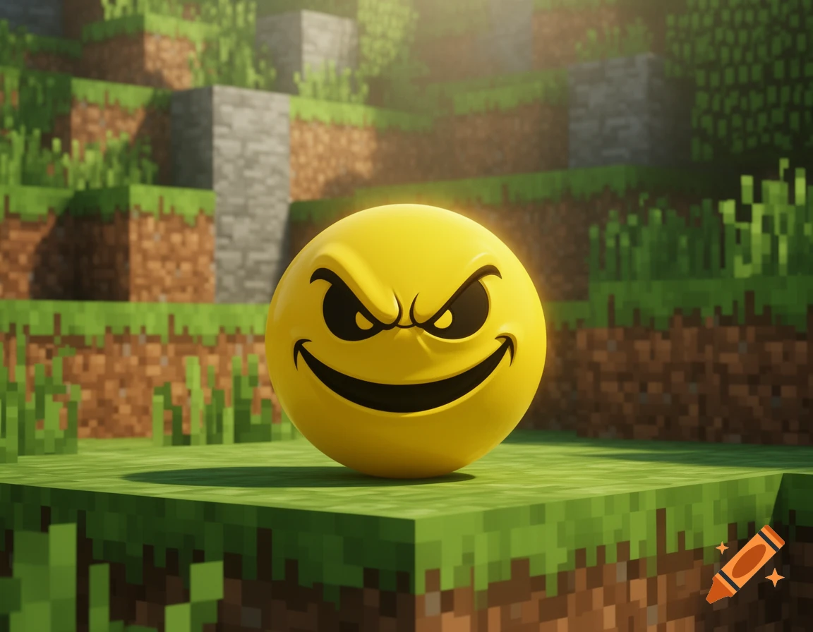 A yellow emoji with a menacing expression sits on a grass block in a bright Minecraft landscape.