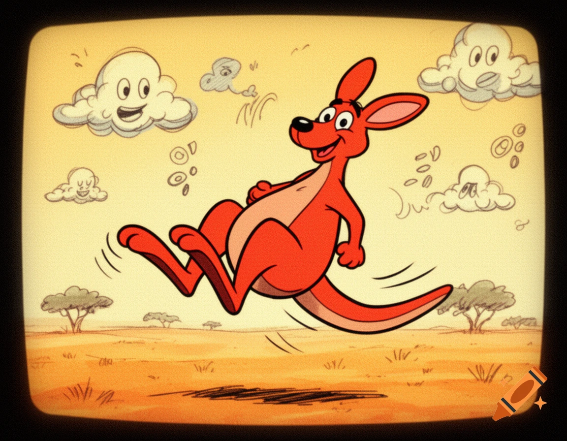 A cartoon red kangaroo hops in a desert with smiling clouds, in 1990s Nickelodeon style.
