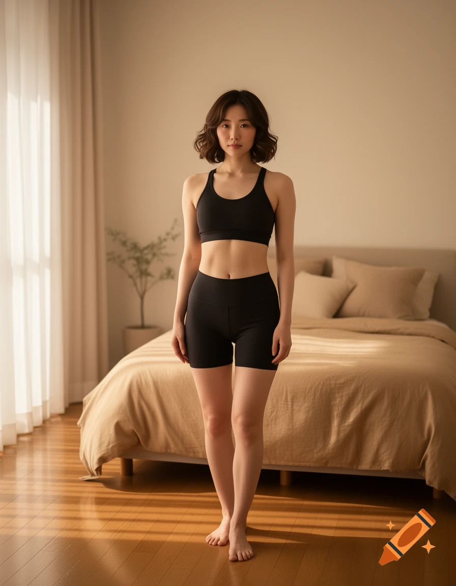 A realistic portrait of a Japanese woman with a wavy bob hairstyle, wearing a black sports bra and shorts, standing barefoot in a sunlit bedroom.