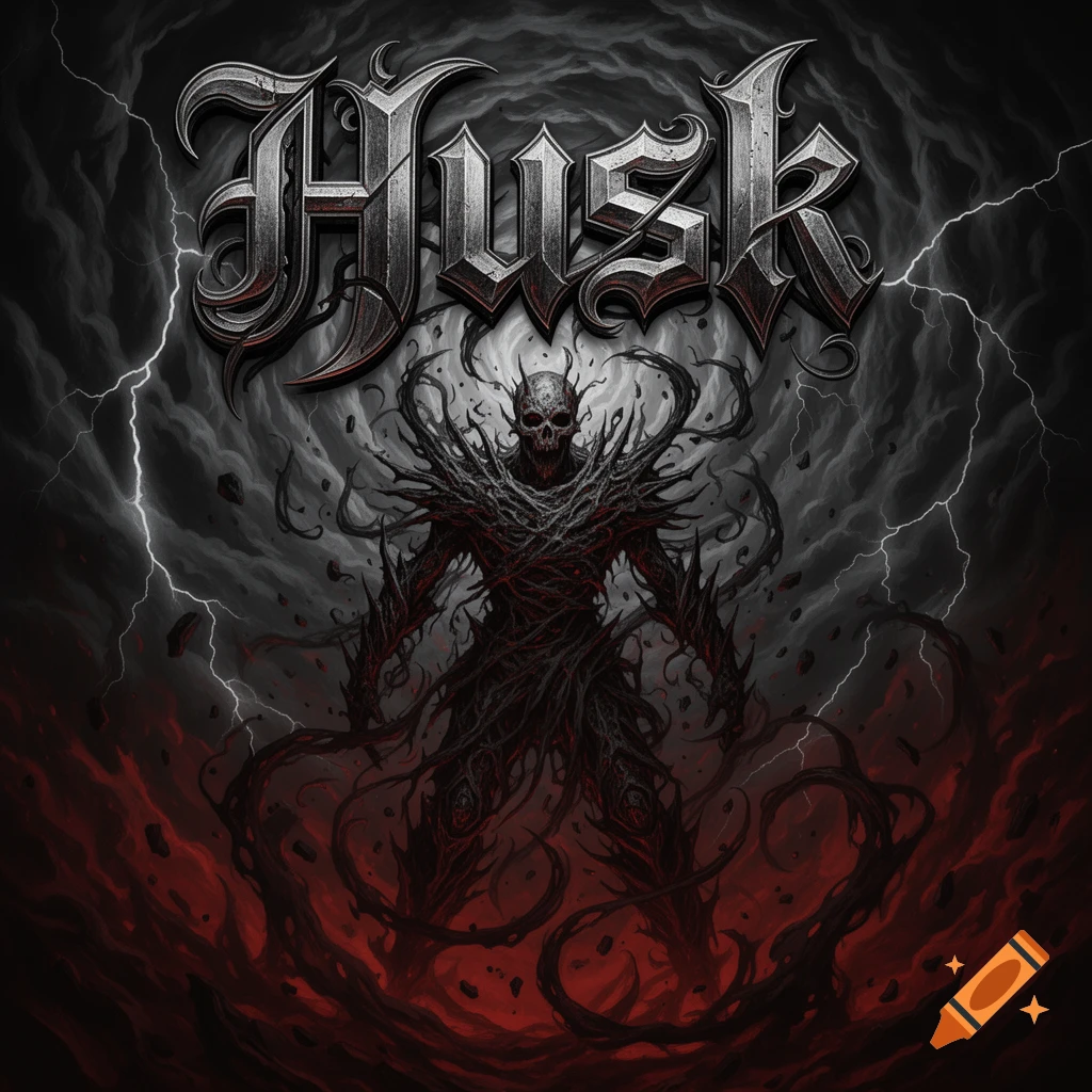 A dark, heavy metal album cover featuring a skeletal demon-like figure with branching tendrils surrounded by red mist and lightning, with the word 'HUSK' at the top.