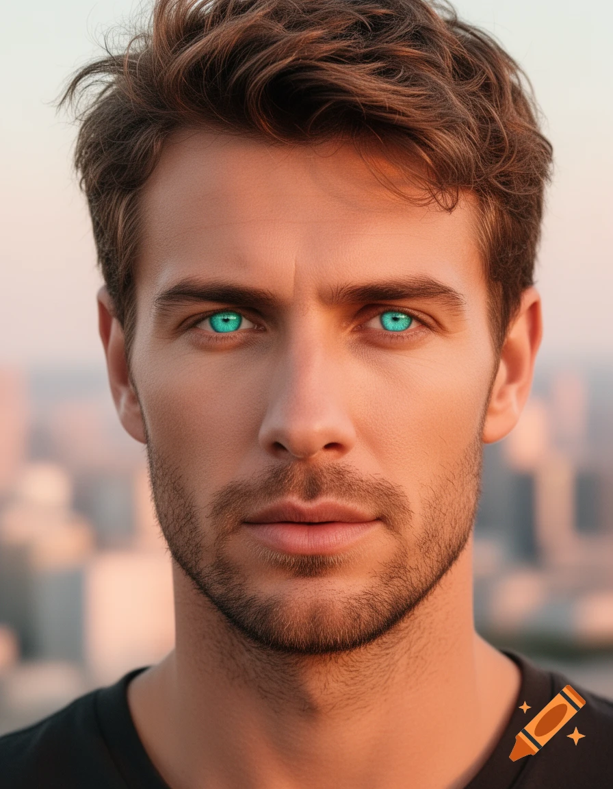 Close-up photorealistic portrait of a man with brown hair, light stubble, and striking aqua eyes, against a blurred city background.