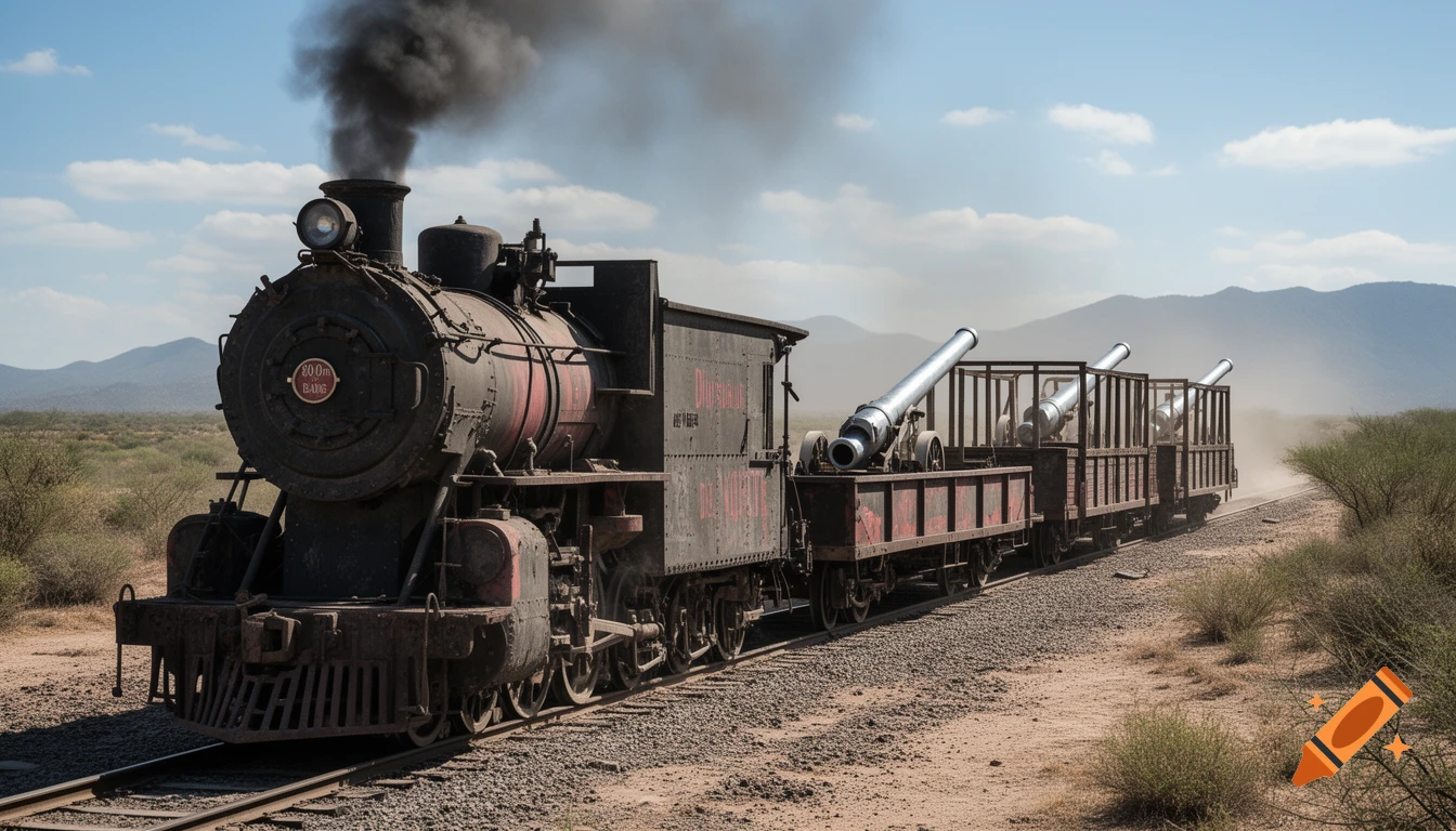 A dark, old steam locomotive with "80m BANGE" on its front, pulling multiple flatbed carts loaded with large cannons through a dusty desert landscape under a blue sky.