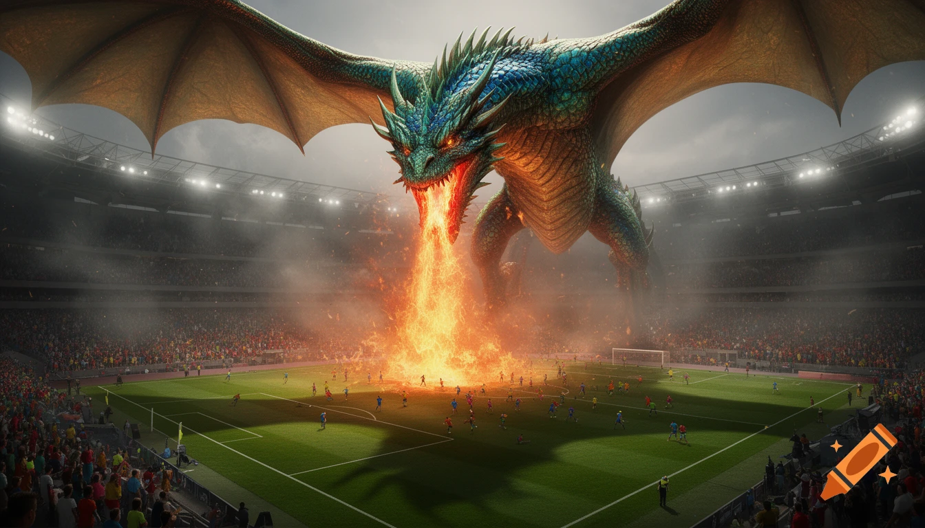 A giant green and blue dragon with glowing red eyes breathes fire onto a football stadium during a game, scattering tiny players on the field.