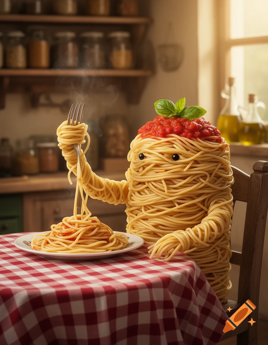 A whimsical anthropomorphic spaghetti monster with sauce and basil on its head sits at a table, eating spaghetti with a fork.