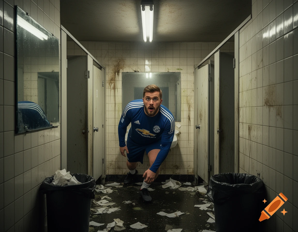 A male footballer in a blue jersey looks shocked in a filthy, trash-strewn public toilet.