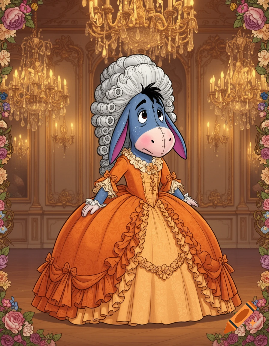 A 2D cartoon of Eeyore in an orange rococo dress and white powdered wig, standing in a grand ballroom with chandeliers.