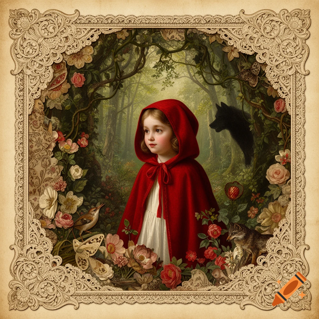A Victorian-style illustration of Little Red Riding Hood in a lush forest, with an ornate floral border.