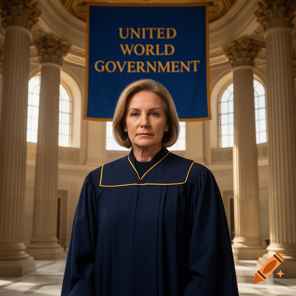 A woman in a navy blue judicial robe stands in a grand hall with pillars, beneath a blue banner reading 'UNITED WORLD GOVERNMENT'.