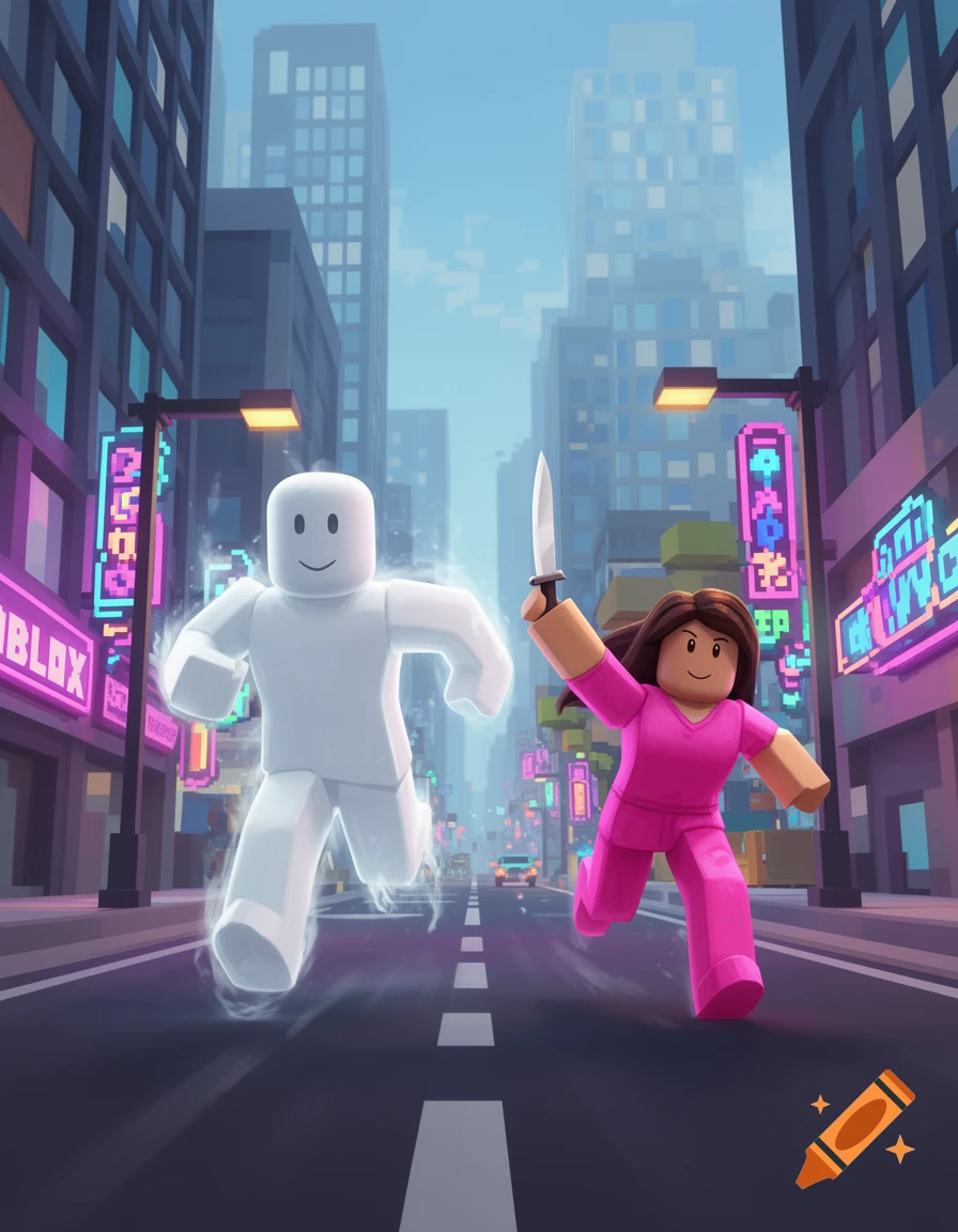 A white block-like Roblox avatar runs ahead of a pink-clad female Roblox avatar holding a knife in a blocky city with neon signs.