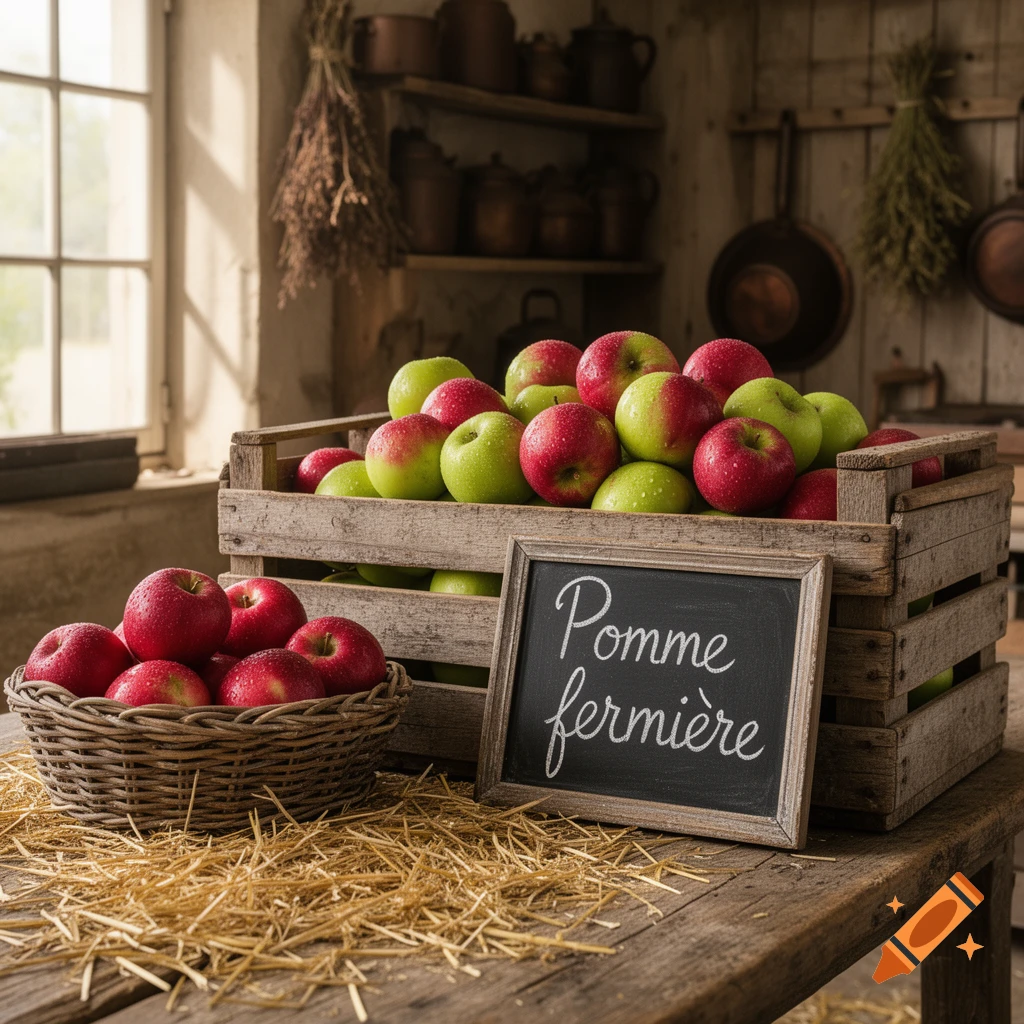 Red and green apples in a wooden crate and wicker basket, with a 'Pomme fermière' sign on a rustic table with straw.