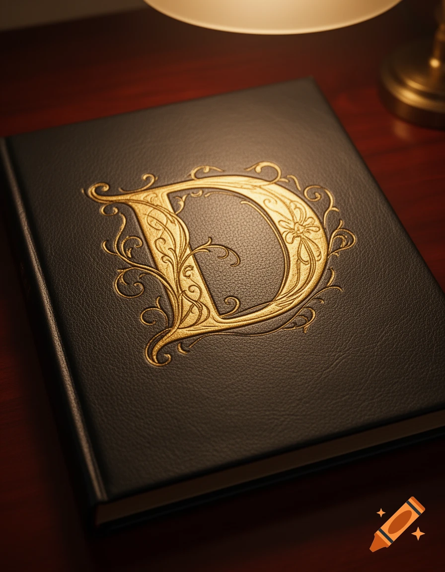 A photorealistic close-up of a dark book with an ornate golden letter 'D' on its cover, illuminated by warm lamplight.