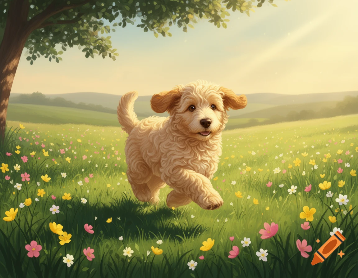 A fluffy Australian Labradoodle puppy runs through a vibrant green meadow filled with colorful wildflowers under a sunny sky.