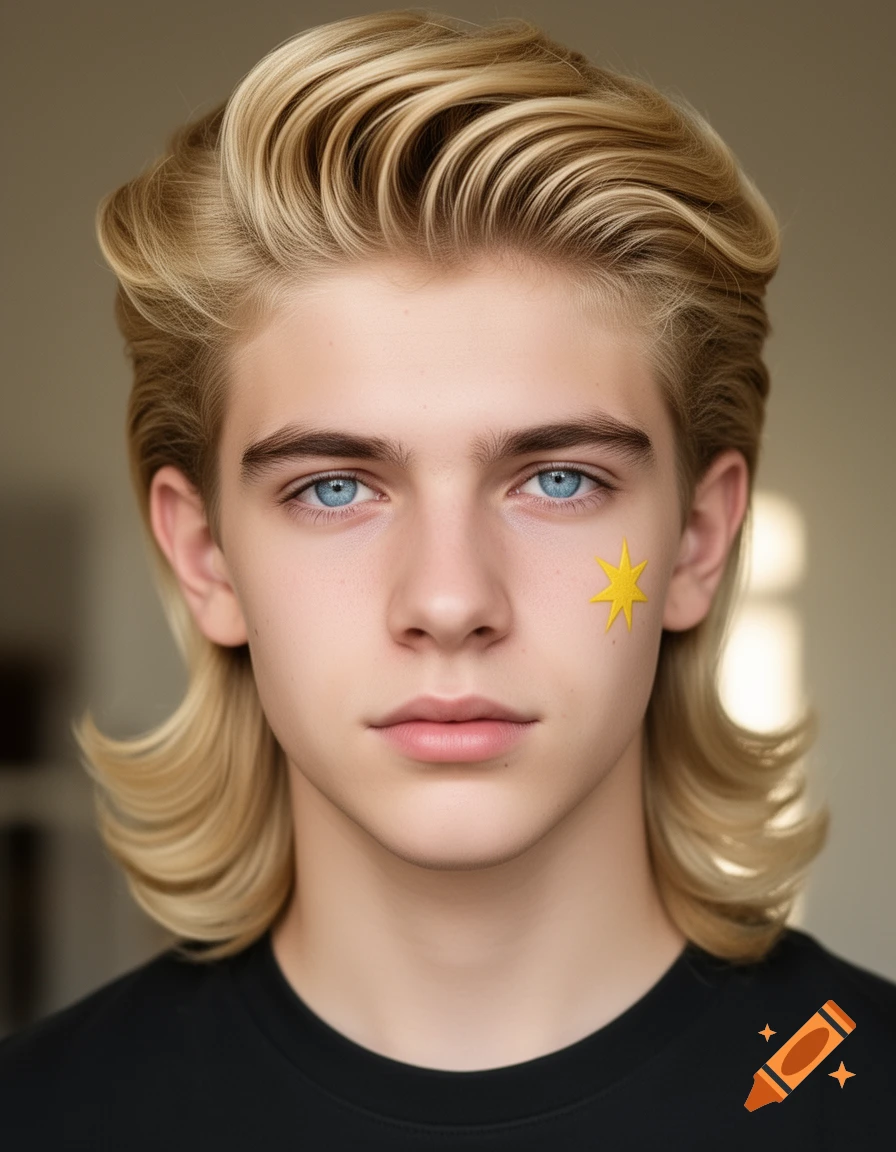 Photorealistic portrait of a young white male with voluminous blond hair, light blue eyes, and a yellow star on his cheek, wearing a black shirt.