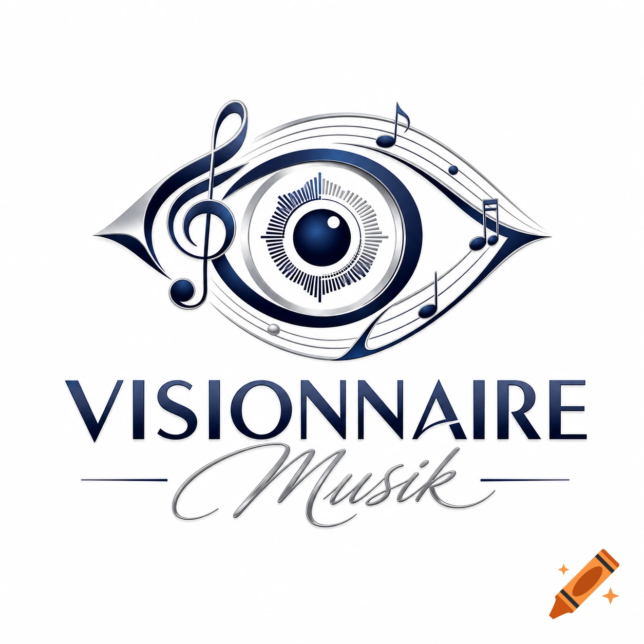 Blue and silver logo featuring an abstract eye with musical notes and a treble clef, above the text "VISIONNAIRE Musik".