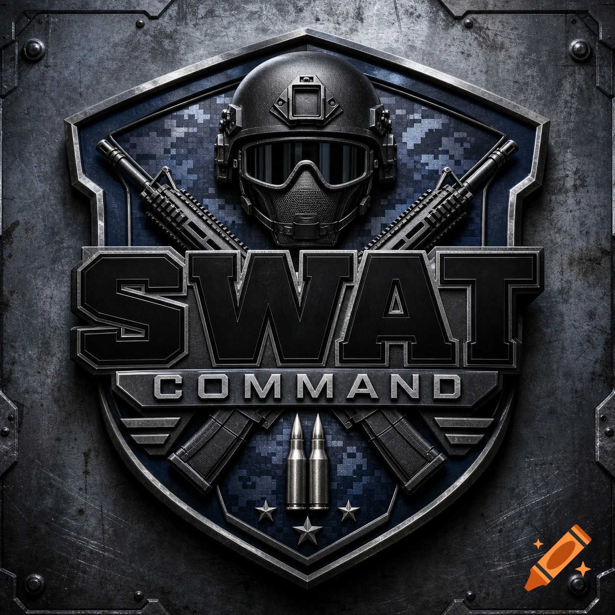 A dark metallic shield logo for 'SWAT COMMAND' featuring a tactical helmet, crossed assault rifles, bullets, and stars.
