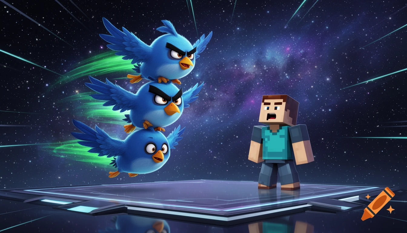 Three blue Angry Birds characters stacked on each other, flying towards a surprised Minecraft Steve on a futuristic platform in space.