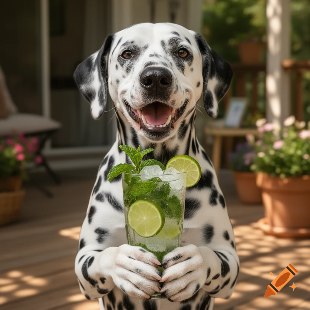 A smiling Dalmatian dog on a deck holds a glass of mojito with lime and mint.
