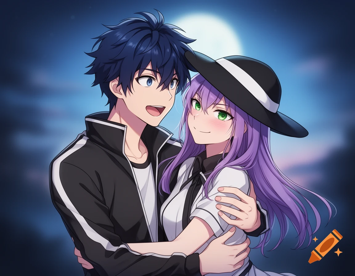 Anime illustration of a blue-haired man embracing a purple-haired woman with a hat under a full moon.