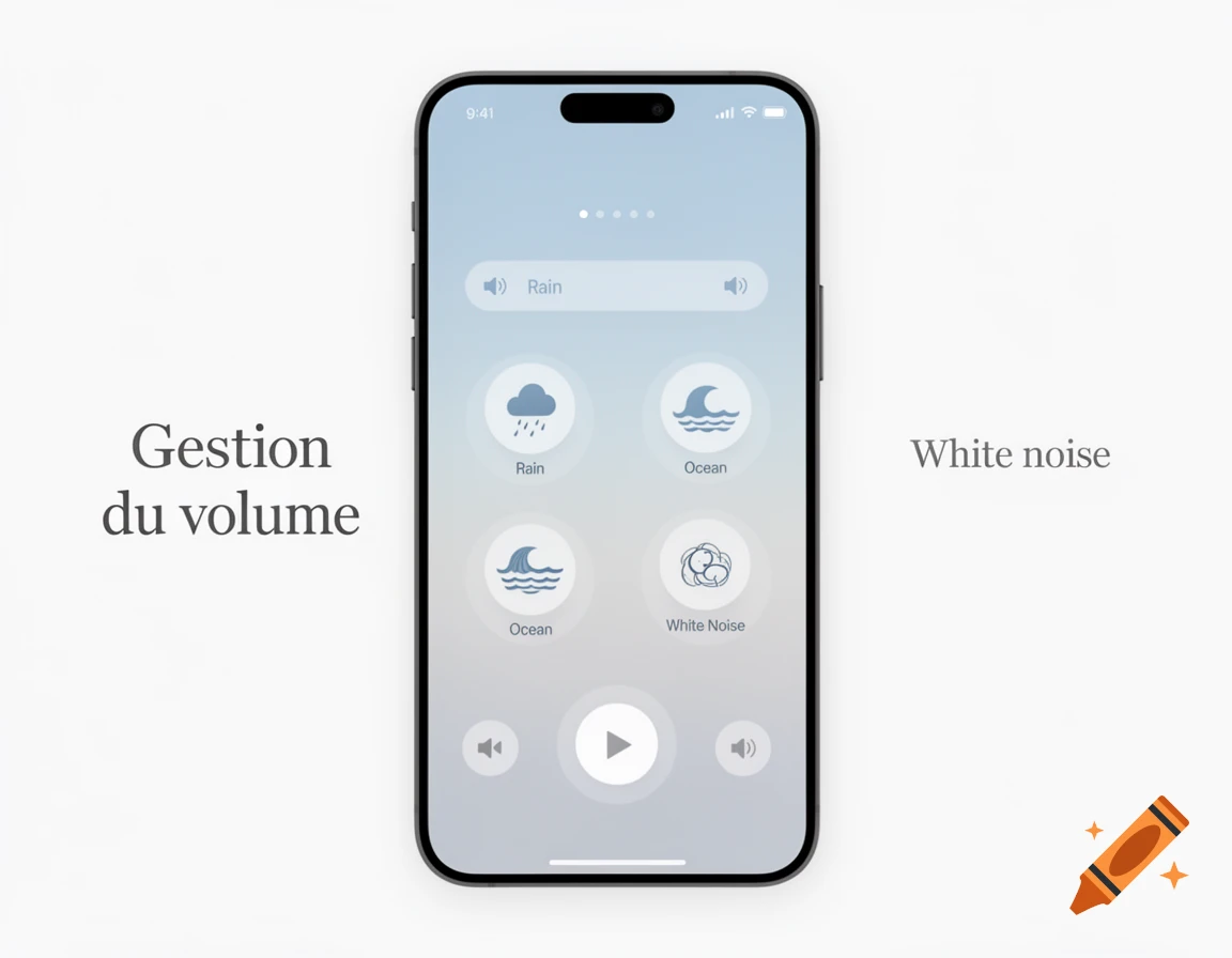 A smartphone displays a sleep sound app with options for rain and ocean sounds, and text 'Gestion du volume' and 'White noise'.