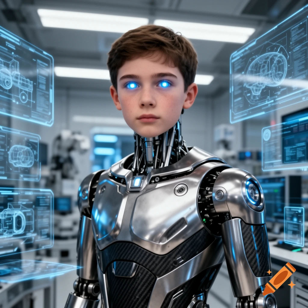 A young boy with glowing blue eyes and a shiny silver and black robotic body stands in a futuristic lab with holographic screens.