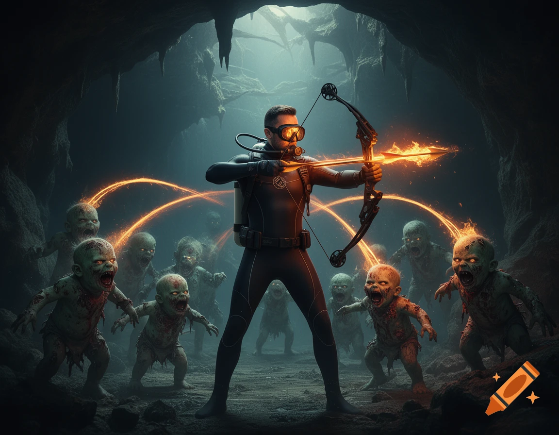 A diver in a wetsuit and goggles aims a glowing bow and arrow at an onslaught of green, monstrous baby zombies in a dark, misty cave.