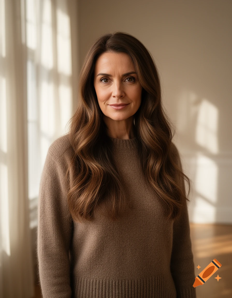 Photorealistic portrait of a woman with long brown hair and a brown sweater, illuminated by soft window light.