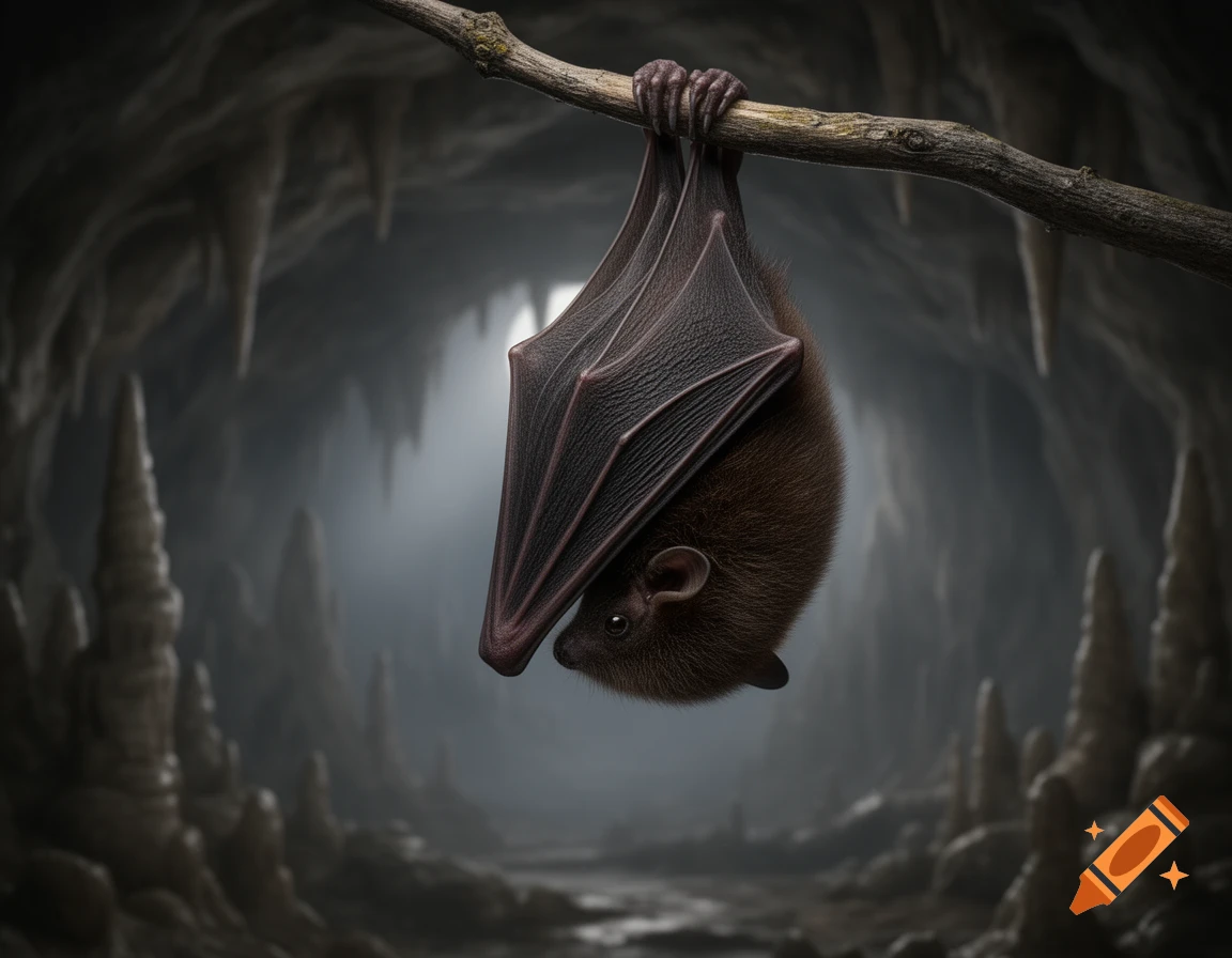 A photorealistic brown bat with dark wings hangs upside down from a branch in a dimly lit cave.