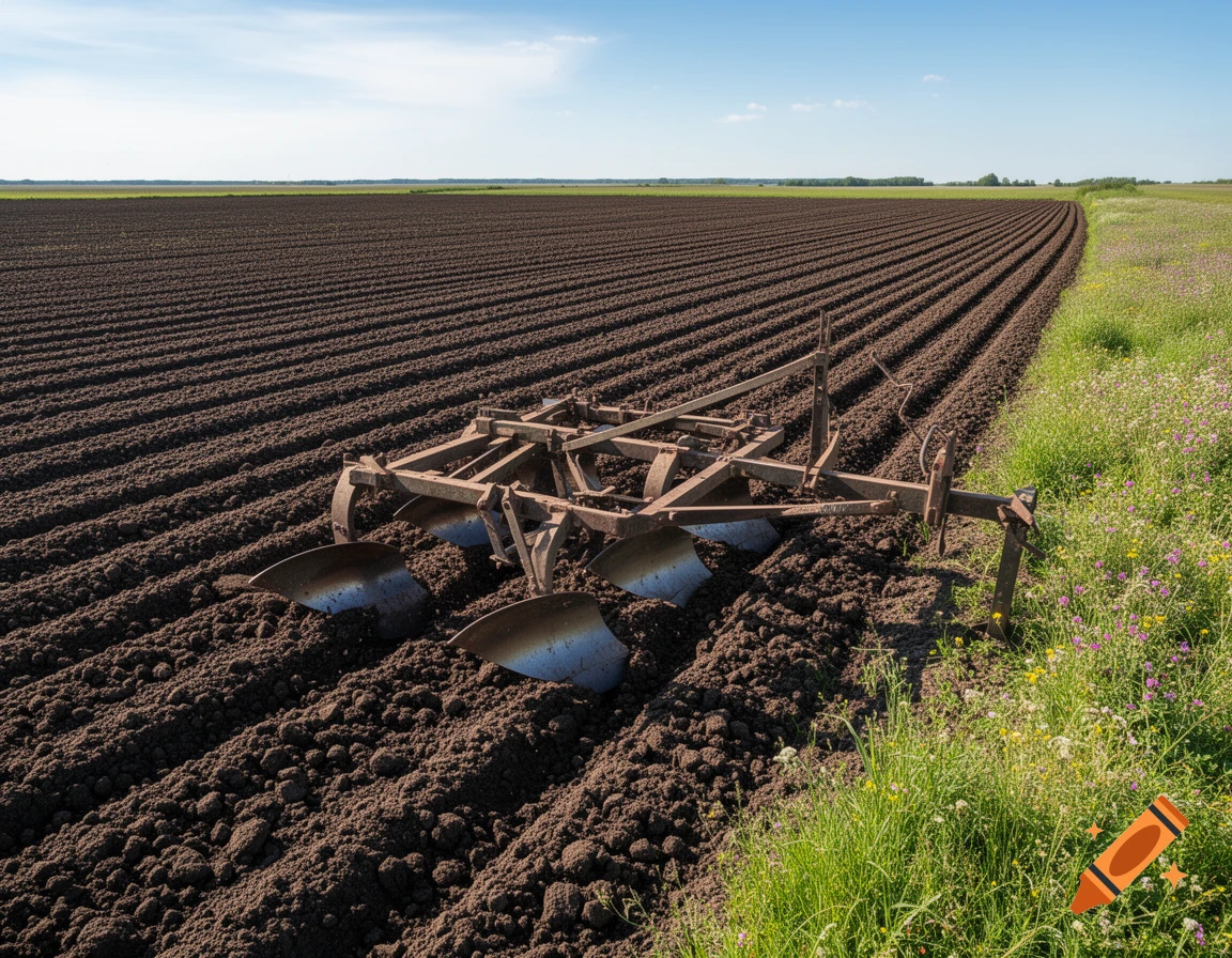 A ploughed field with rows of dark soil stretching towards the horizon, next to a strip of green grass and wildflowers under a blue sky. An old metal plow sits in the foreground.