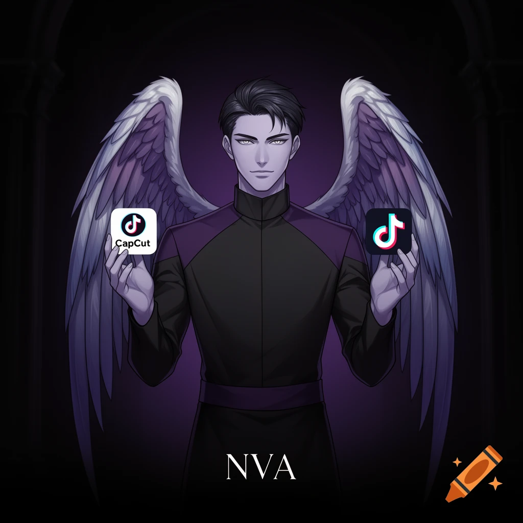 An anime-style male angel in a black and dark-violet outfit, holding CapCut and TikTok app logos. Text "NVA" is below him.