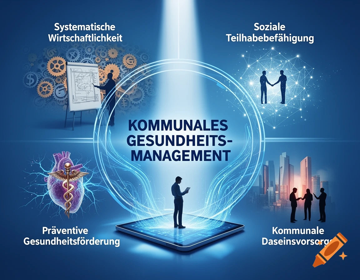 An infographic on municipal health management with a central spotlight, surrounded by four sections depicting systematic efficiency, social participation, preventive health promotion, and municipal public services.