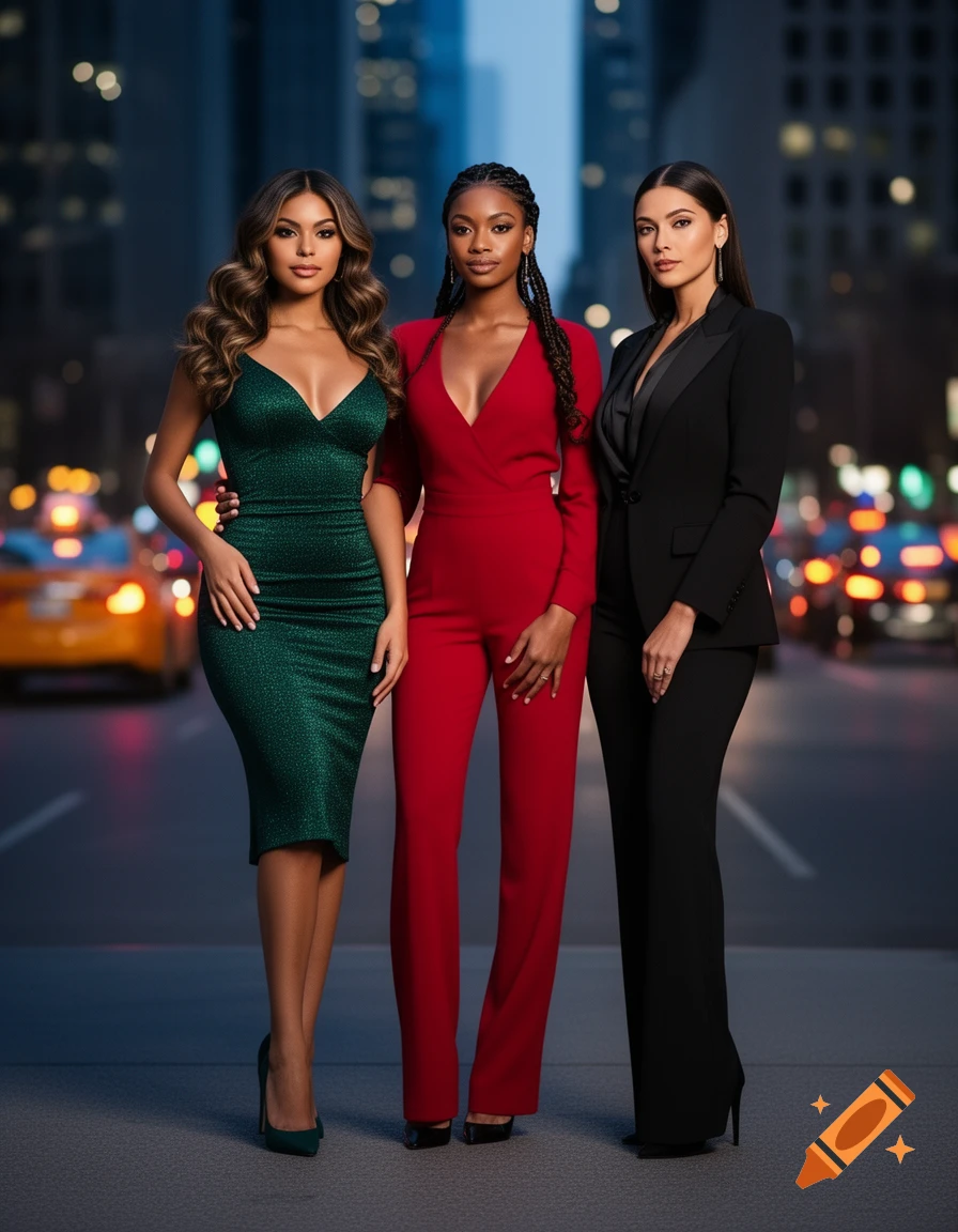 Three women in evening wear stand on a city street at night; one in a green dress, one in a red jumpsuit, and one in a black pantsuit.