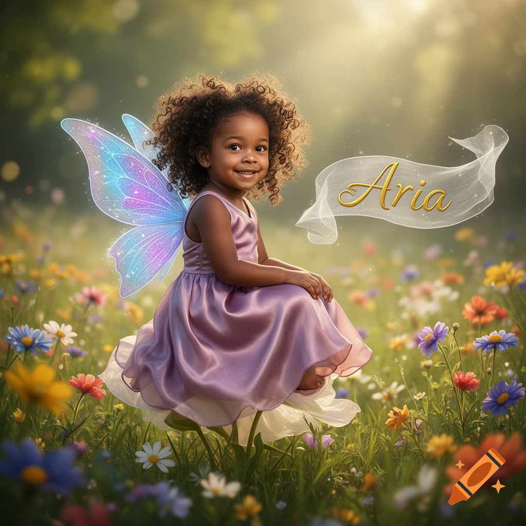 A smiling Black girl fairy with curly hair, blue-purple wings, and a pink dress sits in a sunlit wildflower field. "Aria" is on a banner.