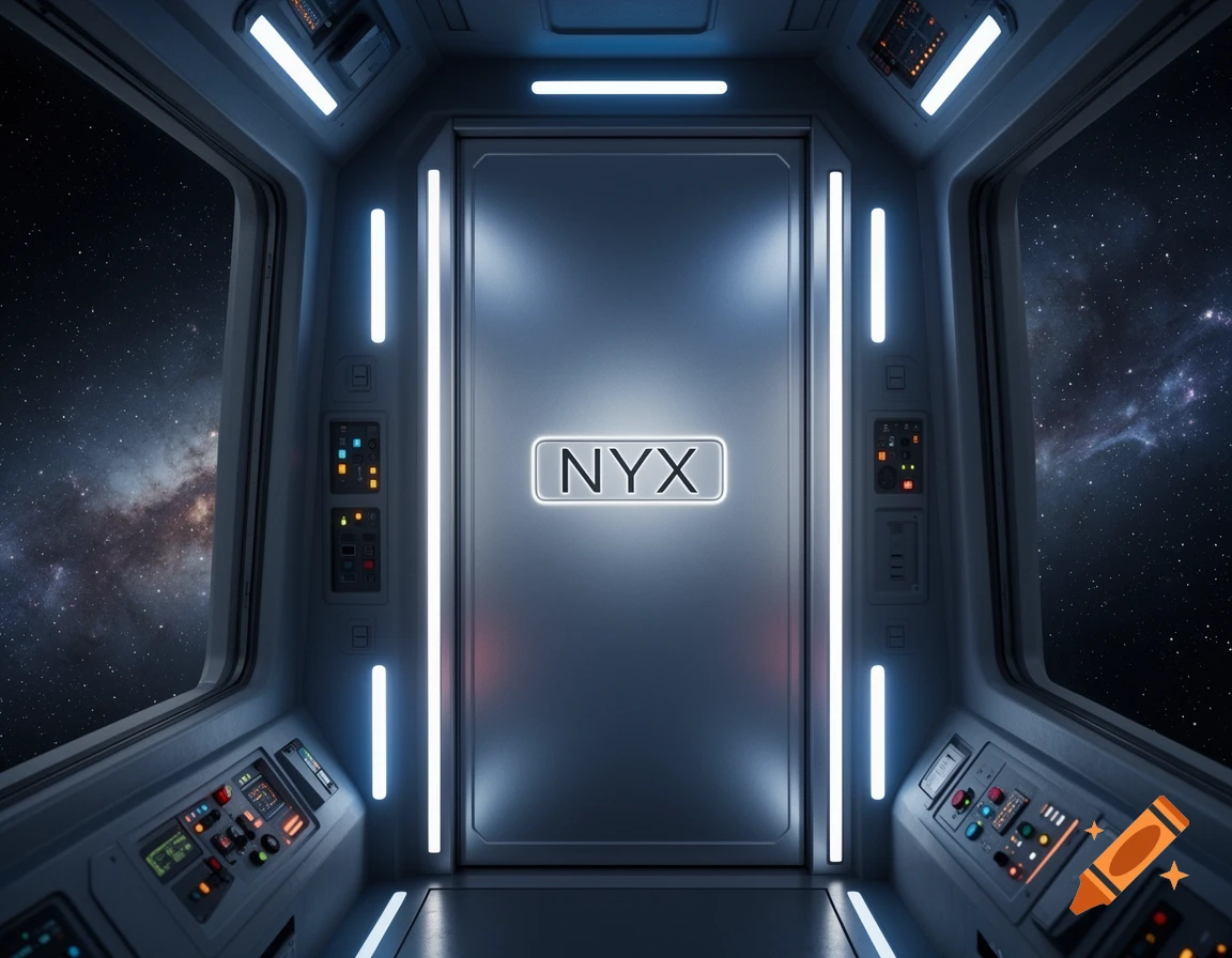 Interior of a futuristic spaceship, looking at a door with "NYX" on it, with windows revealing starry space.