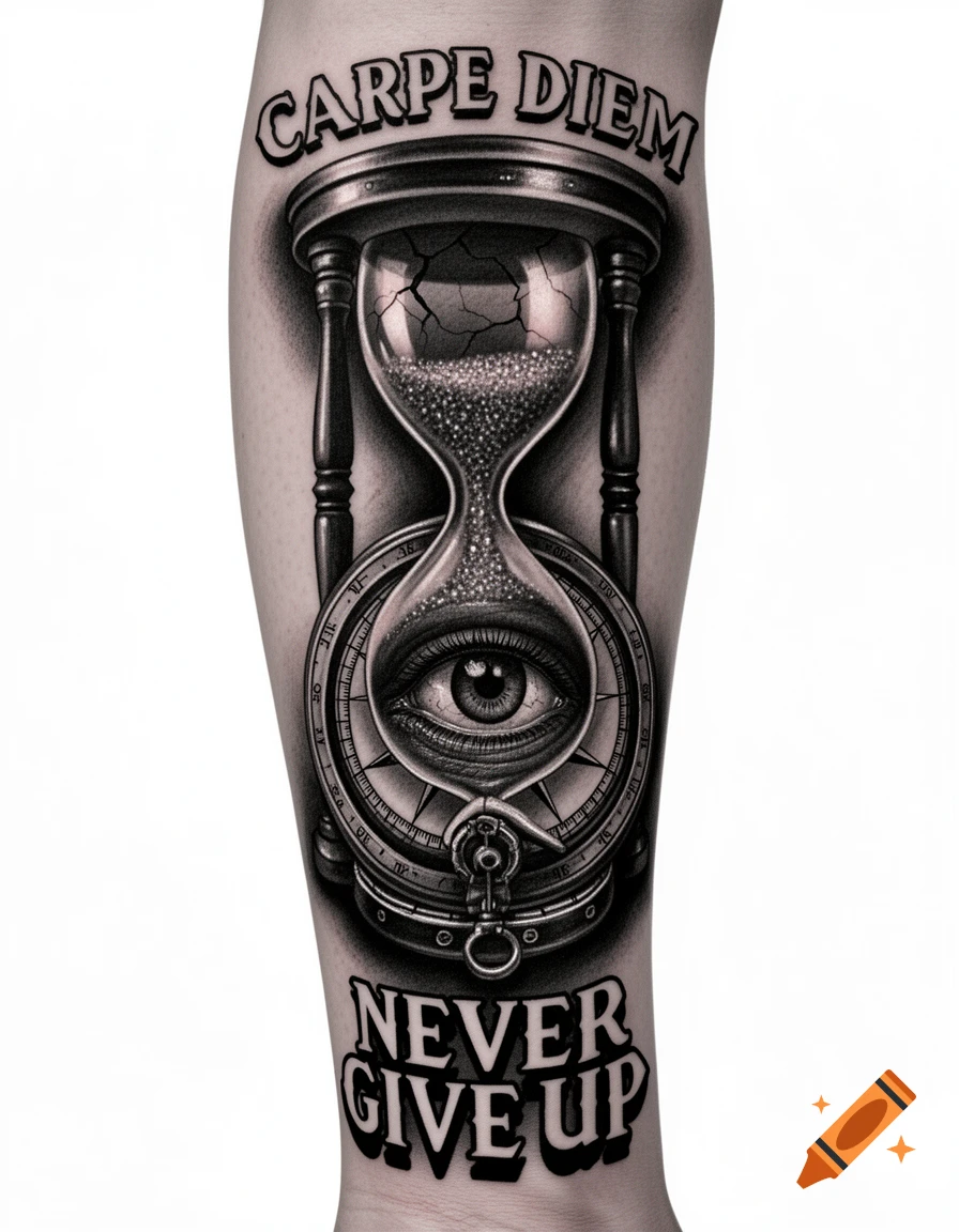 Realistic black and grey forearm tattoo featuring a cracked hourglass, a human eye within a compass, and text 'CARPE DIEM' and 'NEVER GIVE UP'.