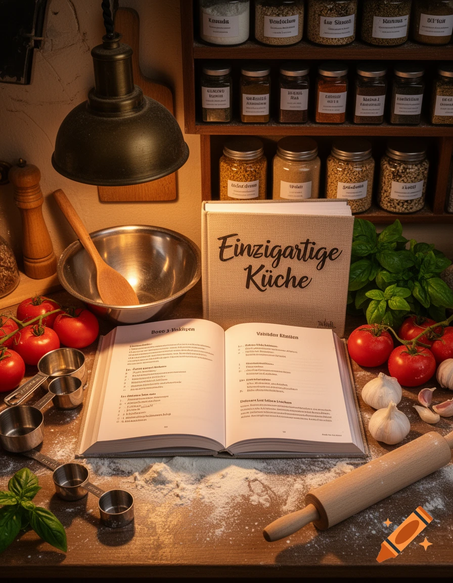 A rustic kitchen scene featuring an open cookbook, a second cookbook titled "Einzigartige Küche", fresh tomatoes, garlic, basil, measuring cups, a rolling pin, and flour dusted on a wooden counter, all illuminated by a hanging lamp. Spice jars are on shelves in the background.