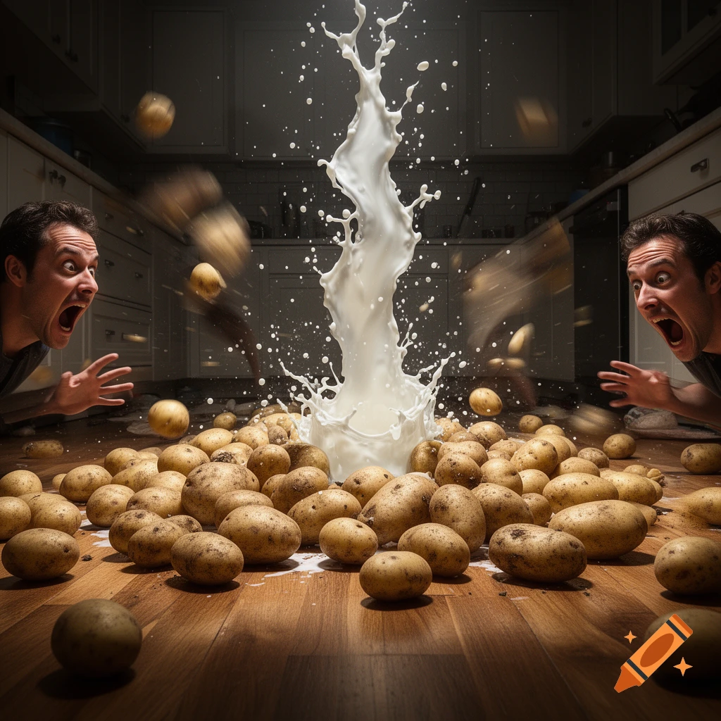 Two men scream as milk explodes upwards, scattering potatoes across a kitchen floor in a dramatic scene.