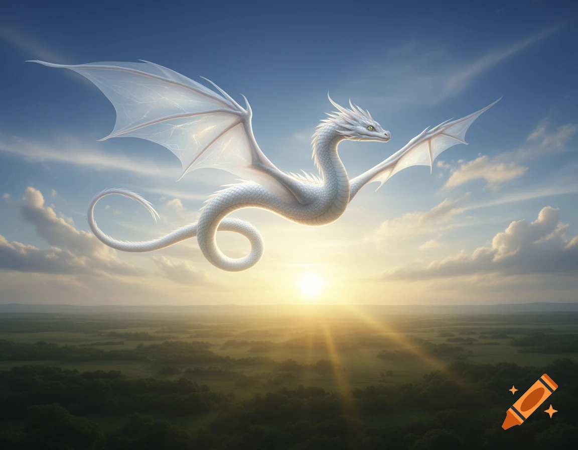 A majestic white snake-like dragon with translucent wings flies through a blue sky with clouds over a green landscape at sunset.