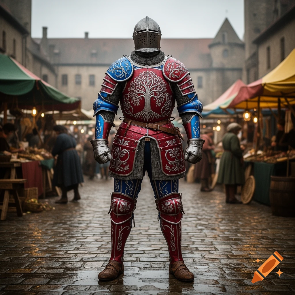 A knight in ornate red and blue armor, featuring a tree of life emblem, stands on wet cobblestones in a bustling medieval market square.